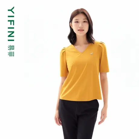 [专柜同款]Yifini/易菲肩部打褶V领气质通勤宽松短款时尚T恤夏新图片
