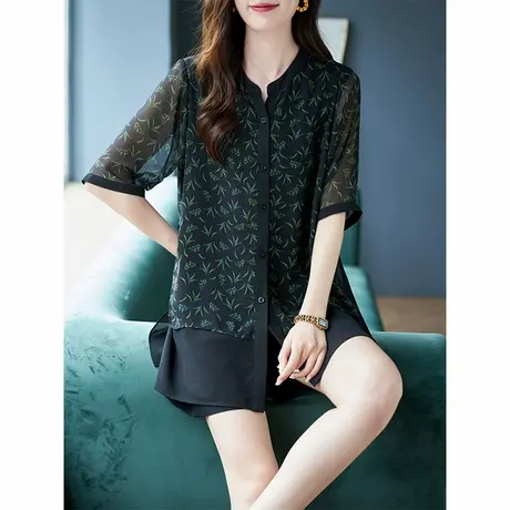 宝诗黎圆领假两件中长印花雪纺上衣女2025夏季新款宽松五分袖衬衫商品大图