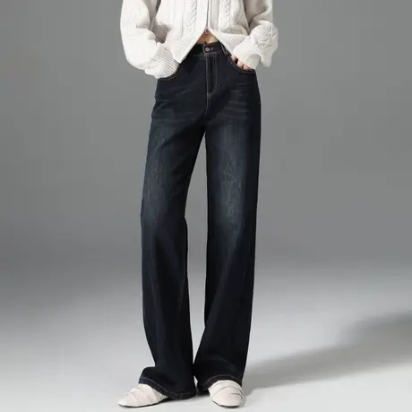 加绒阔腿牛仔裤女2024秋冬新款高腰显瘦宽松直筒裤冬季长裤拖地裤商品大图