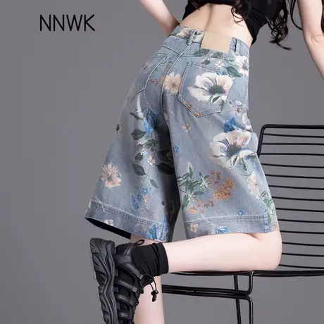 时尚印花牛仔短裤女2025新款夏季外穿五分裤高腰薄款阔腿直筒中裤图片