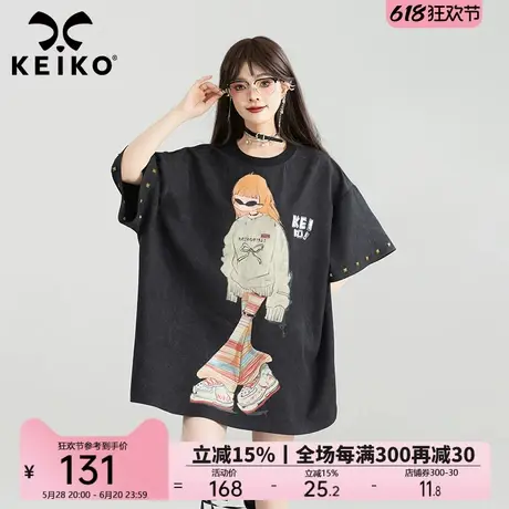 KEIKO 美式复古印花短袖t恤女中长款夏季y2k嘻哈铆钉饰宽松t恤裙图片