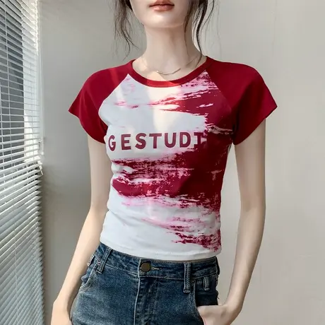 歌倍尚美式插肩短袖T恤女2025夏新款设计感小众字母印花国风上衣图片