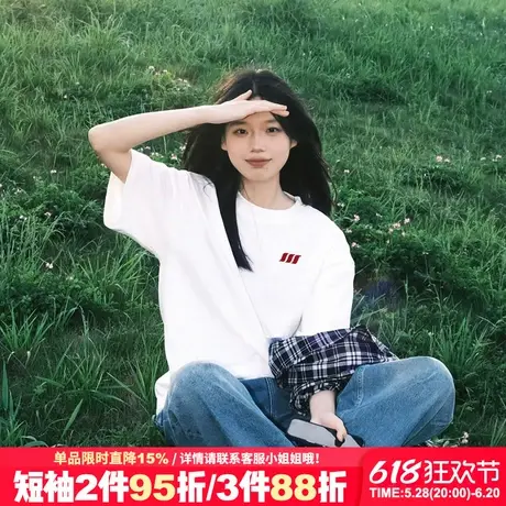 美式小众设计感简约白色t恤女短袖正肩2025新款宽松纯棉半袖女夏商品大图