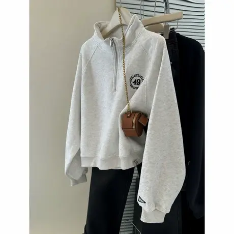 重工刺绣半拉链立领插肩袖卫衣女春秋薄款宽松秋冬季加绒加厚上衣图片