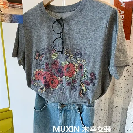 复古花朵印花凉感雪花棉薄款宽松正肩短袖休闲女夏季上衣个性T恤商品大图