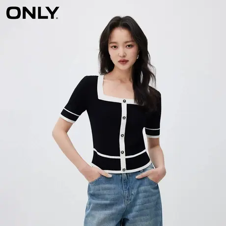 ONLY夏季百搭修身撞色方领短袖短款针织衫女|12413A024图片