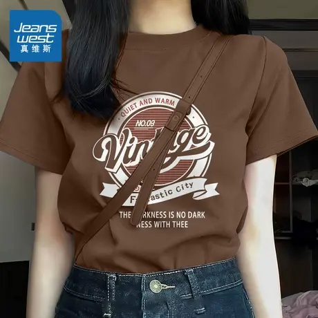 KMV真维斯美式短袖女t恤夏季2025新款纯棉正肩复古宽松大码上衣服商品大图