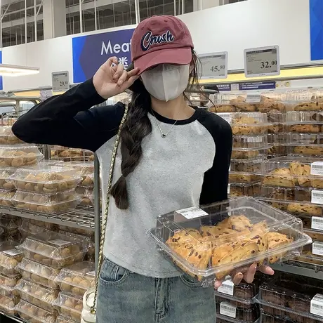 KWV真维斯灰色长袖t恤2025新款女春秋小个子修身短款内搭上衣女商品大图