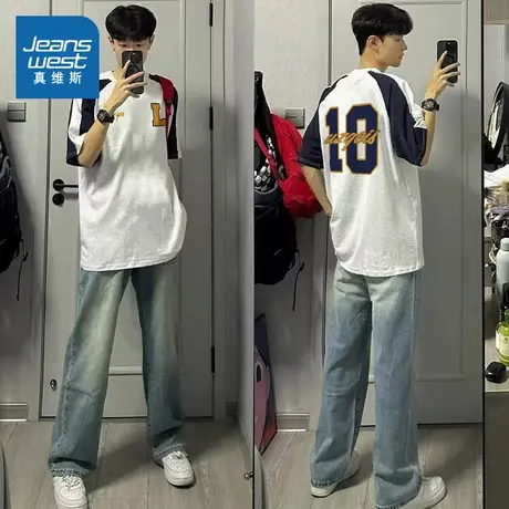 G2真维斯2025夏季新款重磅纯棉圆领宽松撞色拼接短袖T恤插肩男商品大图