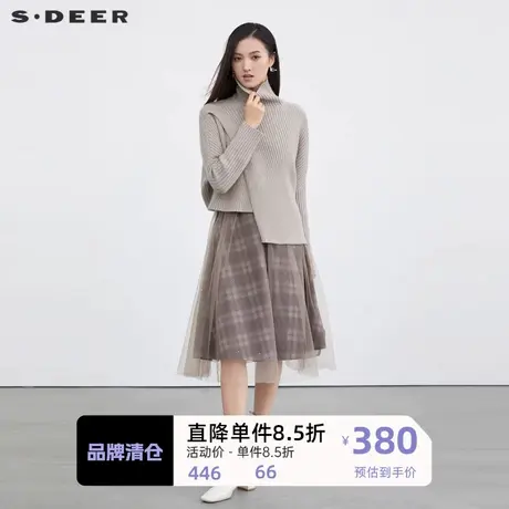 sdeer圣迪奥女装高领格纹网纱针织两件连衣裙S223Z1446图片