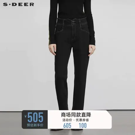 sdeer圣迪奥女装时尚高腰插袋黑色直筒长裤S22480807图片
