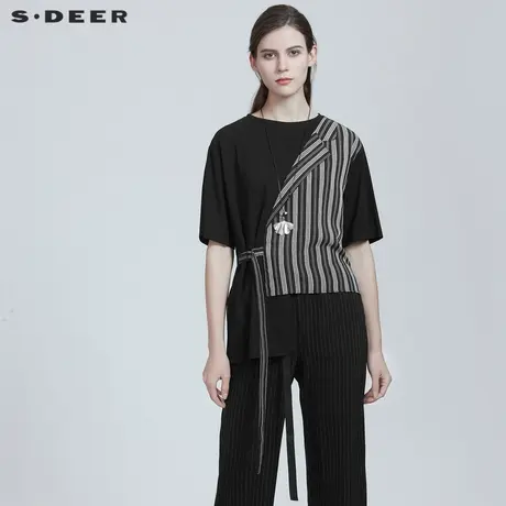 sdeer圣迪奥女装个性圆领条纹拼接收腰短袖S21280165图片