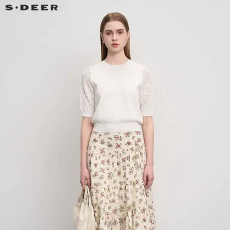 【好物体验专享】sdeer圣迪奥罗纹镂空钩花修身针织衫S252Z3503图片