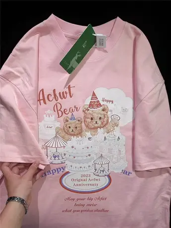 日系复古卡通印花粉色纯棉短袖T恤女夏季潮oversize宽松半袖上衣图片