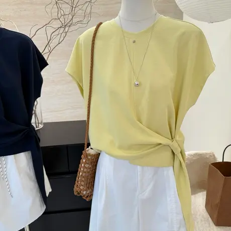 慵懒风系带收腰圆领短袖t恤女夏季新款韩系宽松显瘦正肩小众上衣商品大图