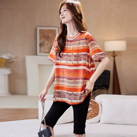 宝诗黎【新品价158元】圆领条纹印花短袖T恤FFP2172商品大图