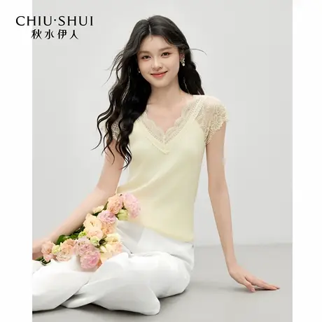 秋水伊人法式蕾丝飞袖针织衫女 2025夏季新款透气拼接V领针织上衣商品大图