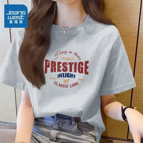 KMV真维斯短袖t恤女夏2025新款美式宽松休闲大码正肩圆领纯棉上衣商品大图