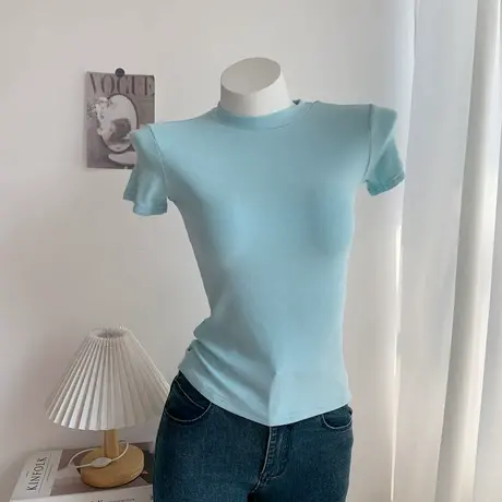 正肩圆形半高领女人味显身材修身短袖t恤紧身内搭打底衫上衣女夏图片
