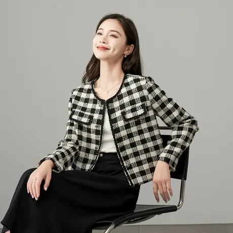 娅丽达法式格子短款小香风外套女春装2025新款洋气外搭时髦上衣商品大图