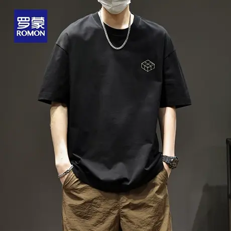 罗蒙夏季男士纯棉短袖t恤宽松圆领休闲上衣潮流大码重磅体恤衫N1Z图片