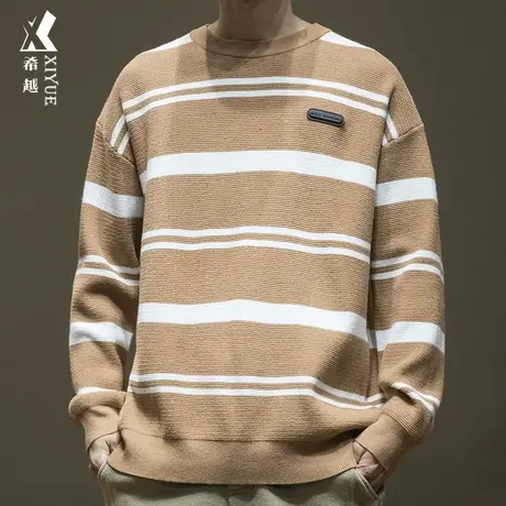 希越条纹男针织毛衣秋冬季宽松大码美式拼接撞色潮牌圆领线衣打底图片