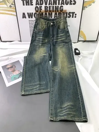 韩版磨白宽松牛仔阔腿裤女2023秋新款显瘦百搭高腰直筒长裤男友裤图片