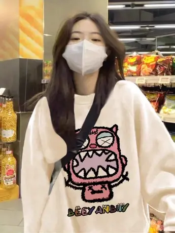 无帽卫衣女秋冬oversize大码宽松加绒加厚外套ins潮卡通减龄上衣图片