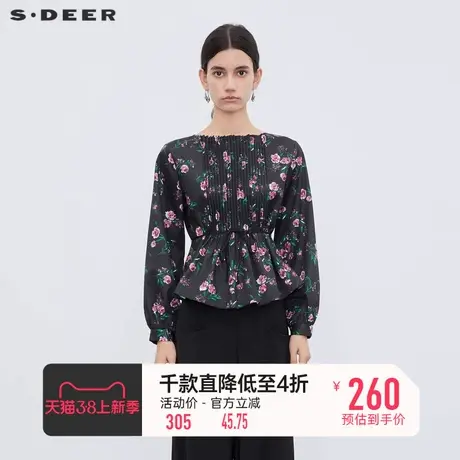 sdeer圣迪奥女装圆领风琴褶收腰碎花长袖衬衫S233Z0576🅱商品大图