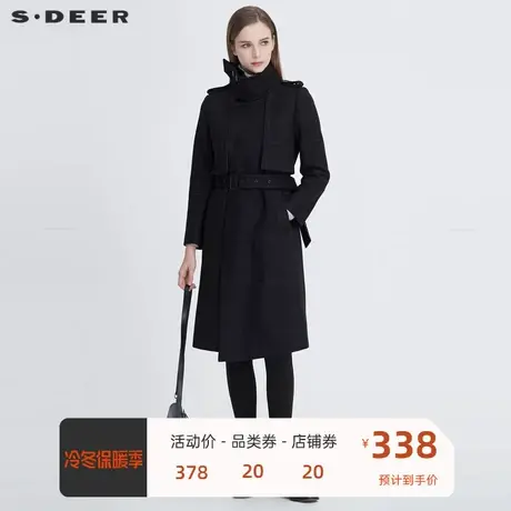 sdeer圣迪奥女装休闲立领撞色格纹收腰H型毛呢大衣S20461812🔵商品大图