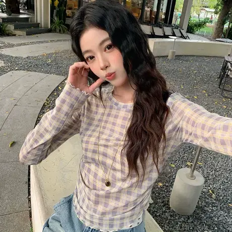 尔给T恤【夏日冰激凌】薄款网纱长袖T恤女格子设计感辣妹微透上衣商品大图