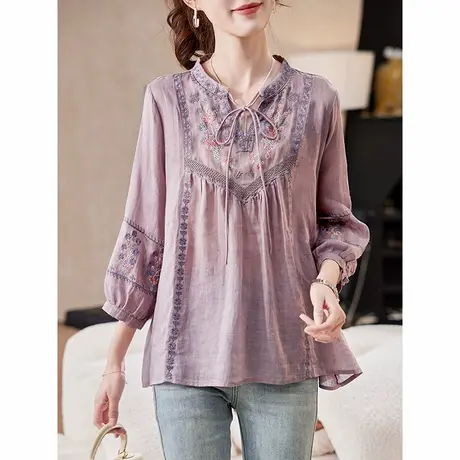 宝诗黎七分袖系带刺绣苎麻衬衫2025春季宽松洋气文艺休闲百搭衬衣商品大图