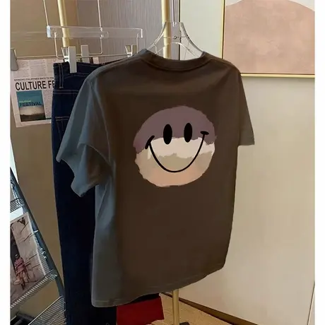 韩版深灰色夏季纯棉短袖t恤女2025新款设计感小众宽松印花半袖衫商品大图