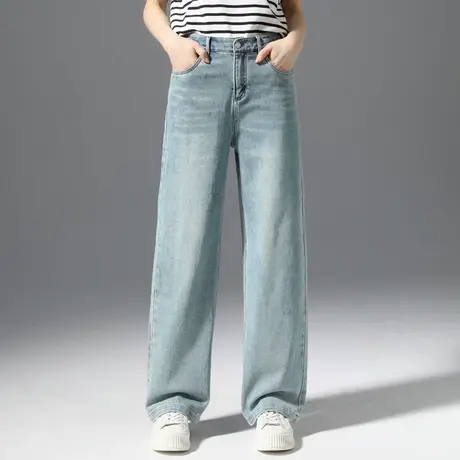 浅蓝色阔腿牛仔裤女2025年新款小个子裤子春秋高腰显瘦窄版直筒裤商品大图