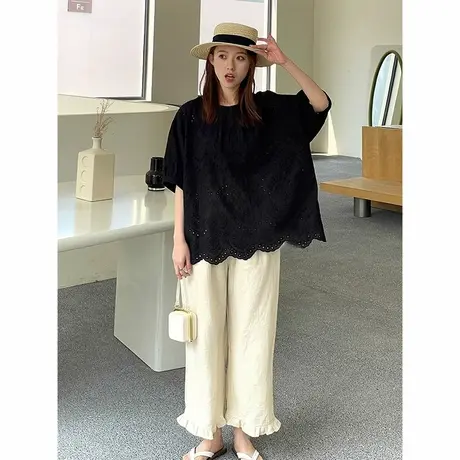 2025夏季新款法式刺绣娃娃衬衫女白色镂空设计感泡泡短袖大码胖mm图片