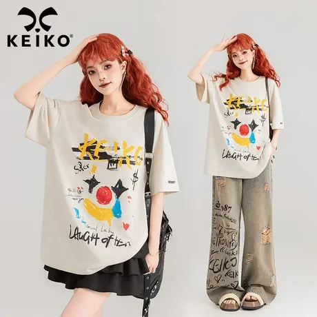 KEIKO 创意小丑涂鸦短袖t恤女2024夏季美式复古宽松遮肉显瘦上衣商品大图
