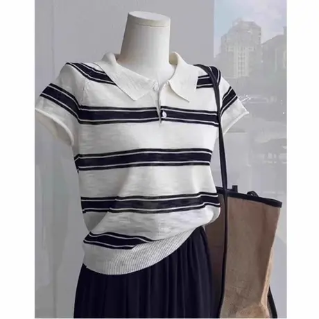 条纹翻领polo衫正肩短袖t恤女夏季冰丝针织衫韩系设计感小众上衣图片