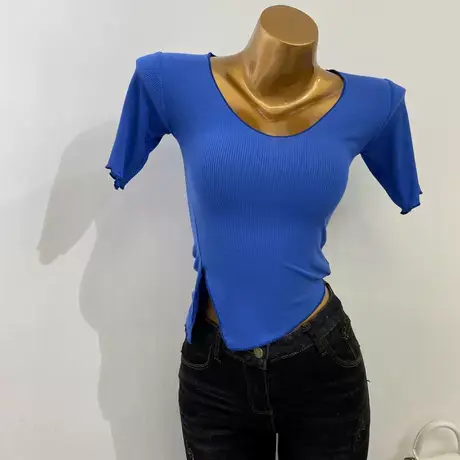 时髦吸睛！修身不规则上衣女开叉短袖T恤2021韩国新款气质打底衫商品大图