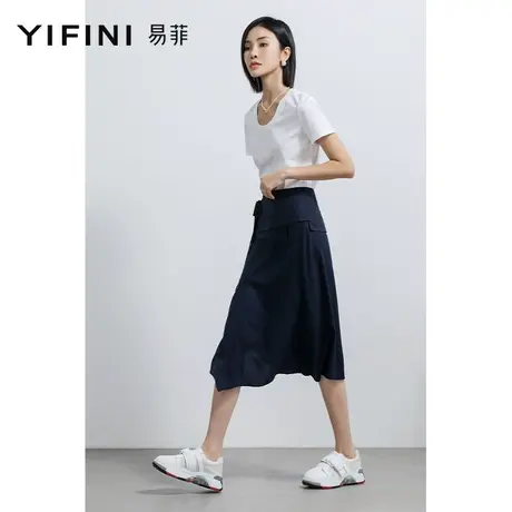 Yifini/易菲中长款开叉下摆A字裙女2023春夏新款薄款显瘦半身裙商品大图