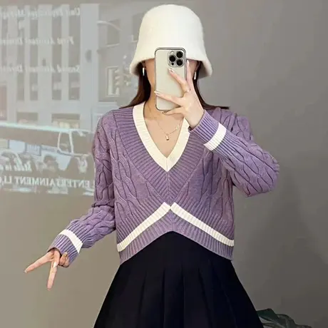 秋季毛衣女士秋冬2023年新款短款V领上衣麻花配短裙长袖针织衫女图片