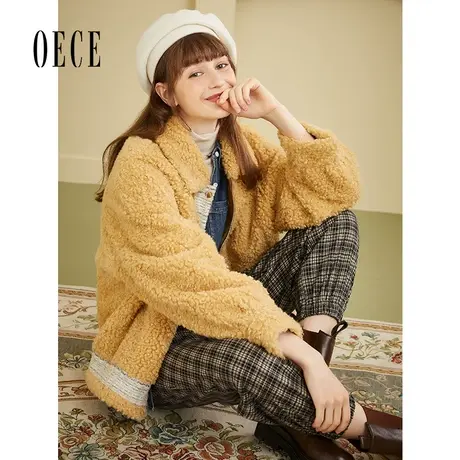 Oece复古羊羔毛外套秋冬季子毛毛外套女短款气质大衣商品大图