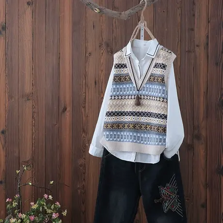 复古提花针织马甲女秋款V领套头无袖坎肩宽松打底衫文艺拼色马夹图片