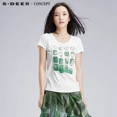 sdeer圣迪奥小清新女装趣味毛毡绣花短袖T恤S16280127图片