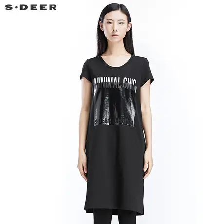 sdeer圣迪奥春装黑白休闲字母胶印开叉短袖T恤连衣裙女S17180267图片