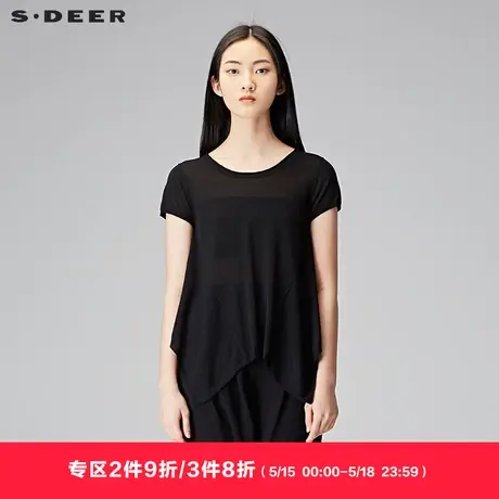 sdeer圣迪奥秋装圆领宽松不规则底摆短袖针织衫女S18183526图片
