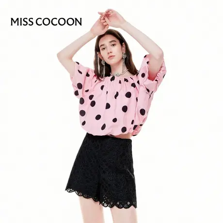 100%纯棉 可可尼COCOON【金粉绮生】2025新款粉色波点露肩雪纺衫图片