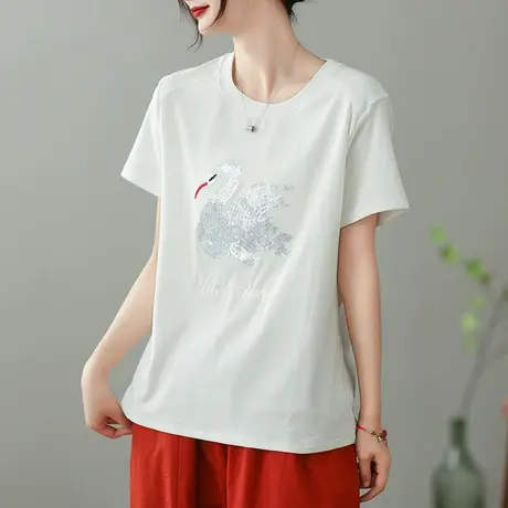 dza复古刺绣圆领T恤女2023夏季宽松短袖打底体恤休闲舒适套头上衣图片