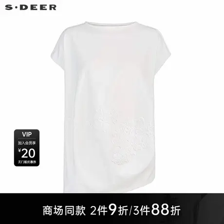 【商场同款】sdeer圣迪奥女时尚圆领绣花不规则短袖T恤S25280106图片