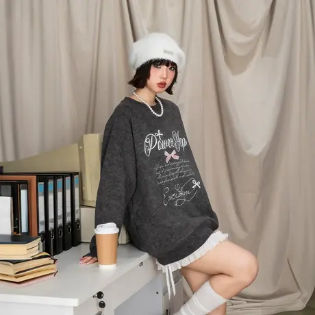 YEP复古花色圆领卫衣女早秋新款蝴蝶结印花插肩袖宽松无帽上衣潮图片