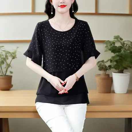 时尚波点雪纺上衣女士短袖大码夏季薄款宽松a字遮肚子妈妈小衫商品大图
